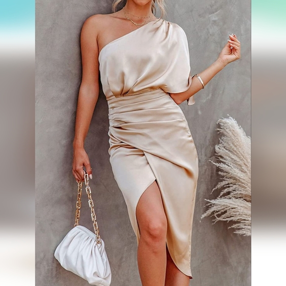 NWT CUPSHE Satin Dress One Shoulder Flared Short Sleeves Midi High Lo Champagne - Picture 1 of 16